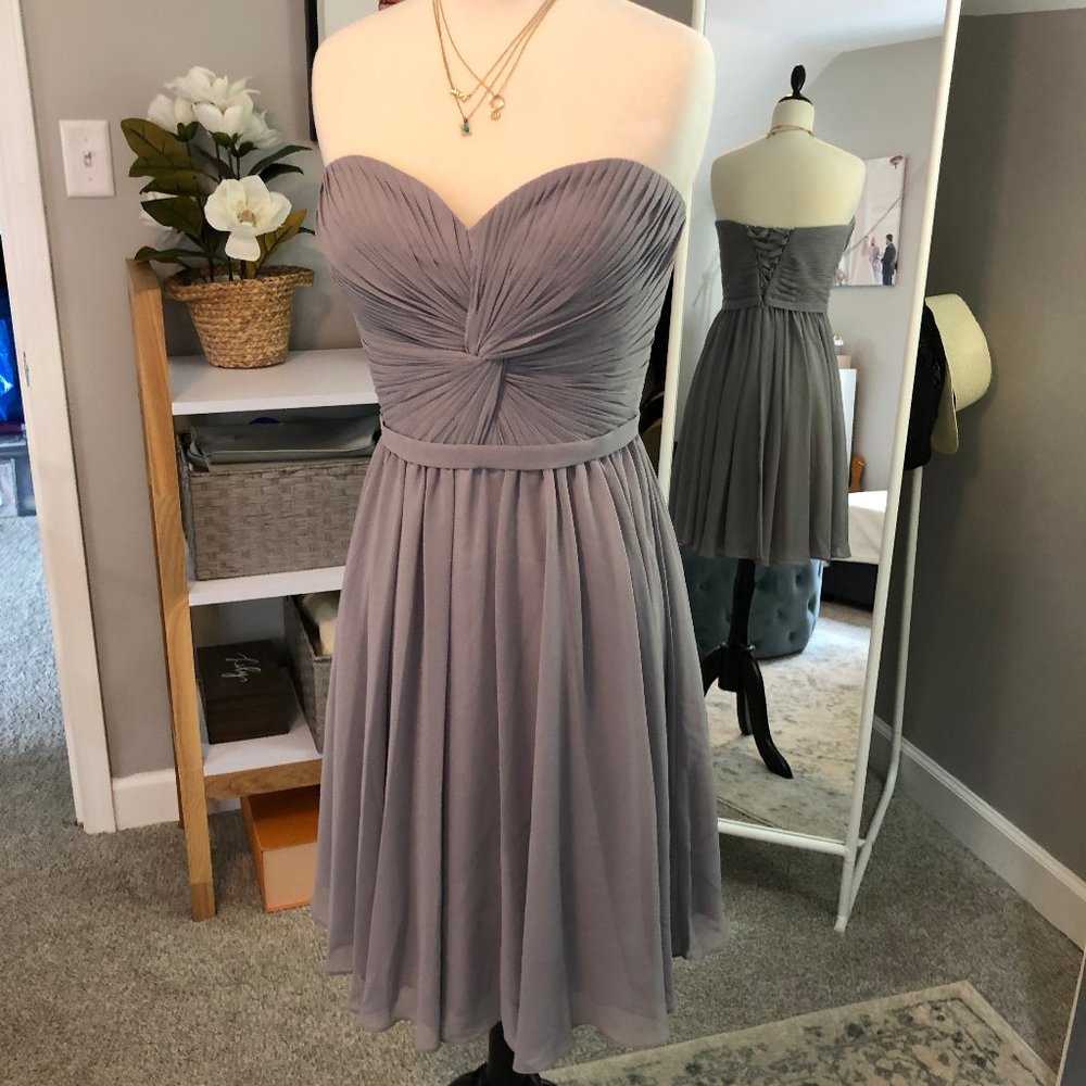 NWT Gray Chiffon Strapless Twist Front Dress